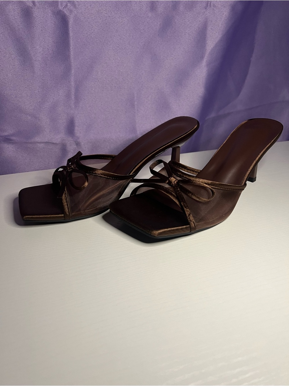 Brown Satin Bow Slide Heels - Women